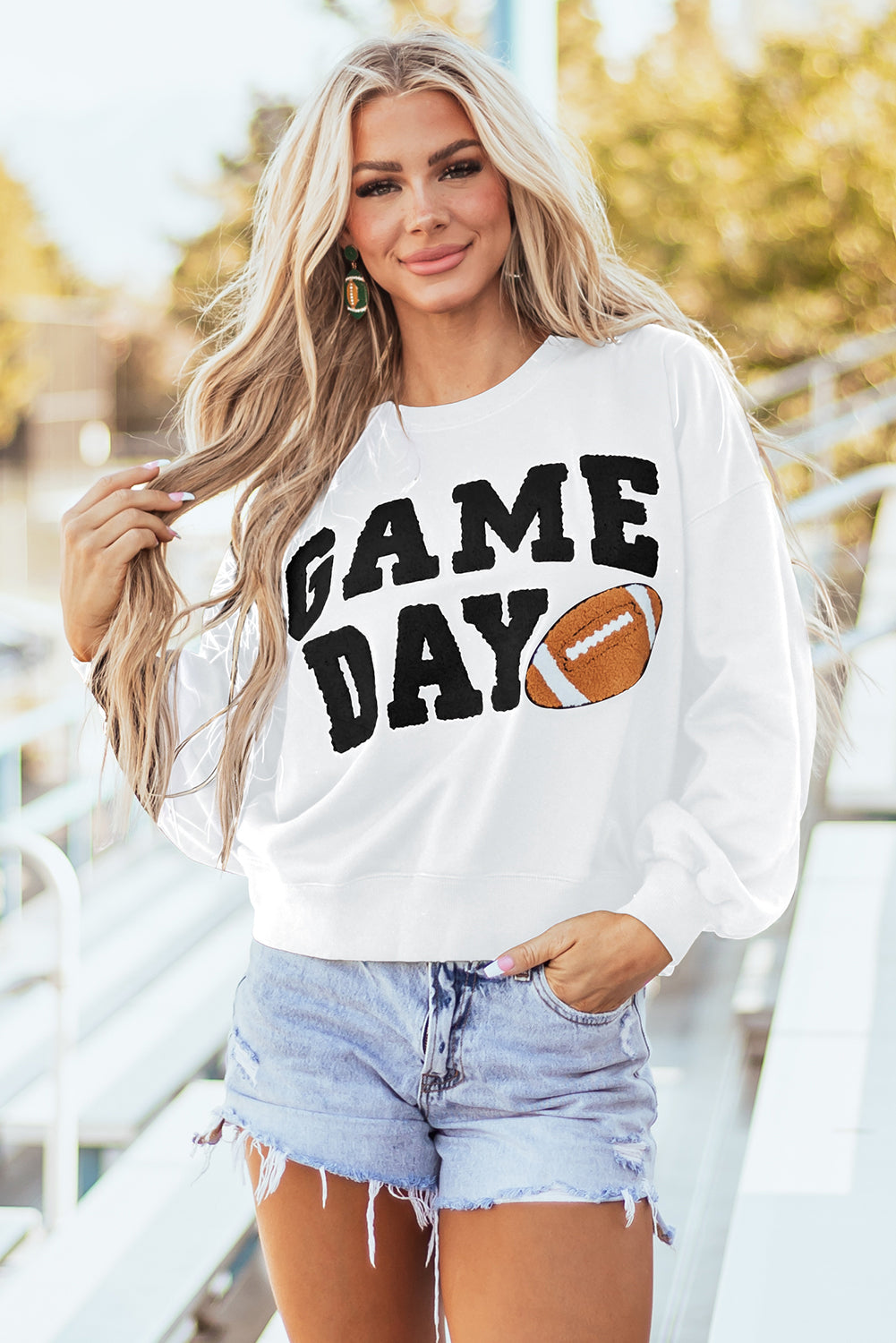 White GAME DAY Graphic Varsity Pullover Sweatshirt-Tops/Sweatshirts & Hoodies-[Adult]-[Female]-White-S-2022 Online Blue Zone Planet