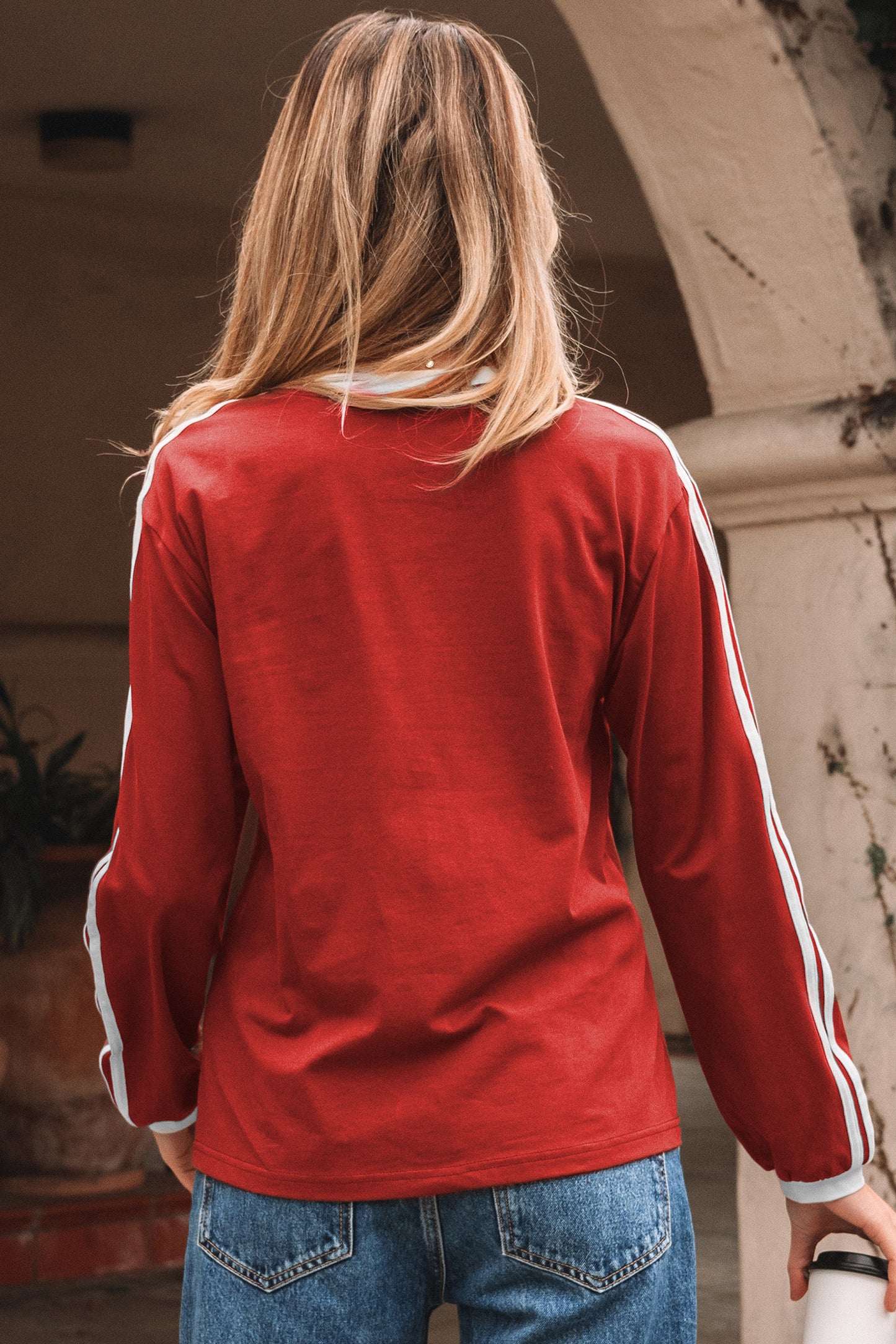 Fiery Red Varsity Striped Accent Contrast Crew Neck Long Sleeve T Shirt-Tops/Long Sleeve Tops-[Adult]-[Female]-2022 Online Blue Zone Planet