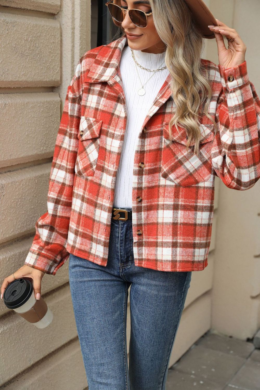 Pocketed Plaid Collared Neck Dropped Shoulder Jacket-TOPS / DRESSES-[Adult]-[Female]-2022 Online Blue Zone Planet