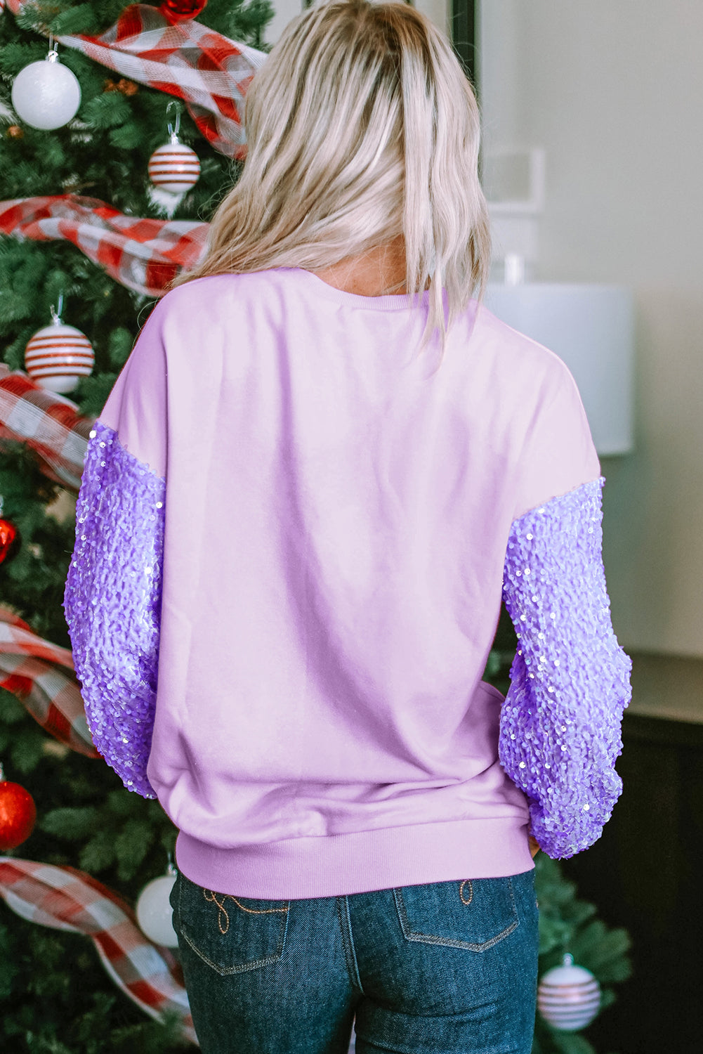 Orchid Petal Sequin Patchwork Long Sleeve Pullover Top-Tops/Long Sleeve Tops-[Adult]-[Female]-2022 Online Blue Zone Planet