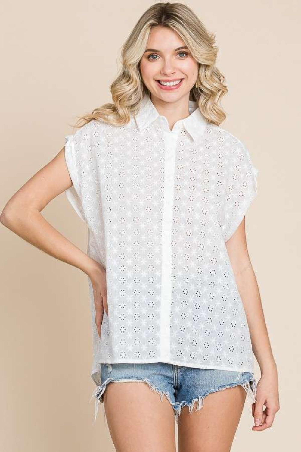 Blue Zone Planet | Culture Code Eyelet Crisscross Back Button Up Shirt-TOPS / DRESSES-[Adult]-[Female]-2022 Online Blue Zone Planet