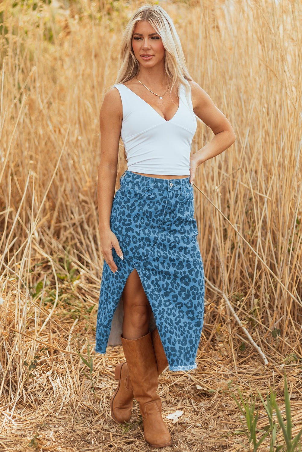 Sky Blue Leopard Denim Frayed Split Denim Midi Skirt-Bottoms/Skirts & Petticoat-[Adult]-[Female]-2022 Online Blue Zone Planet
