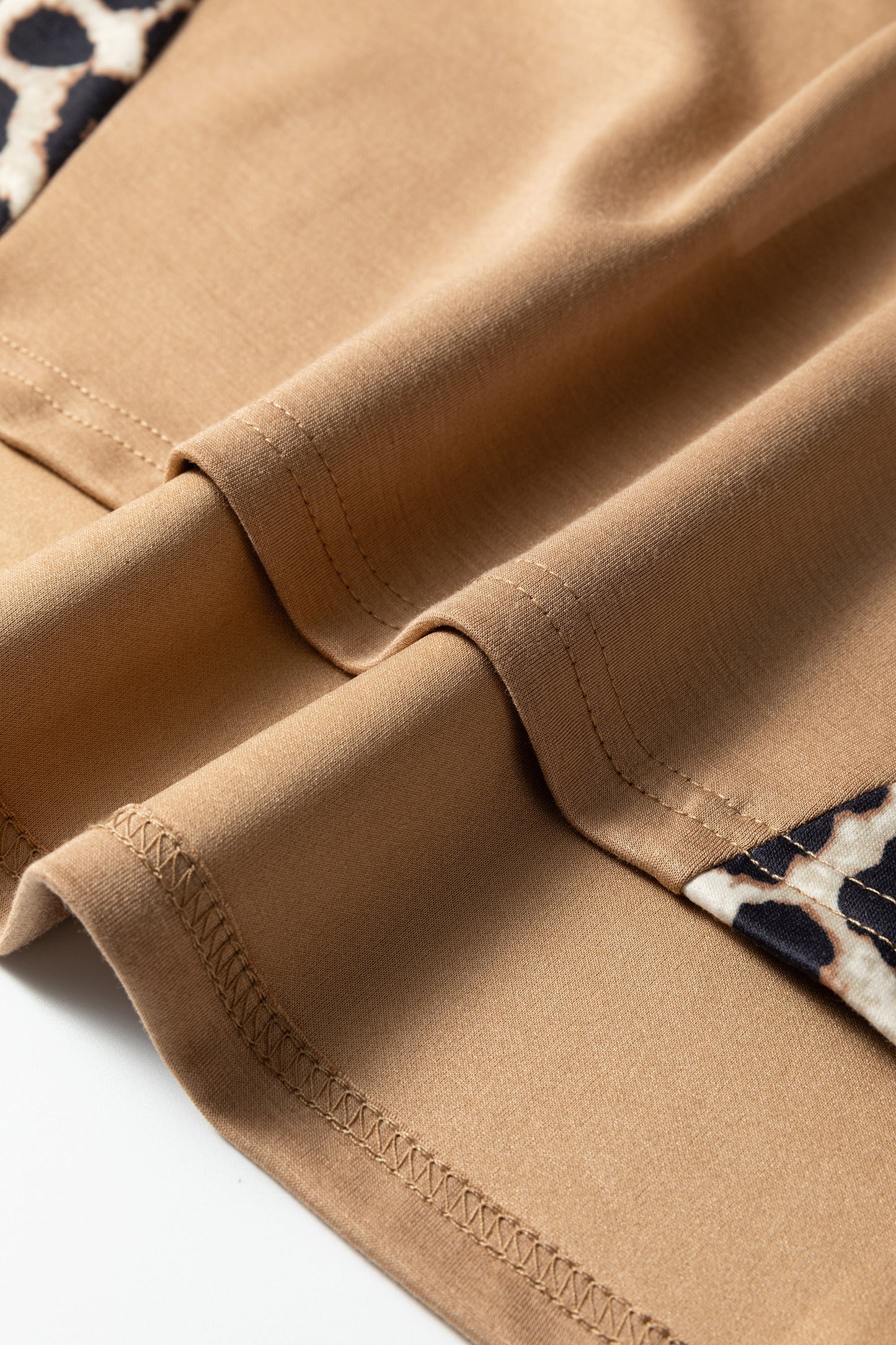 Light French Beige Leopard Trim Round Neck Loose T Shirt-Tops/Tops & Tees-[Adult]-[Female]-2022 Online Blue Zone Planet