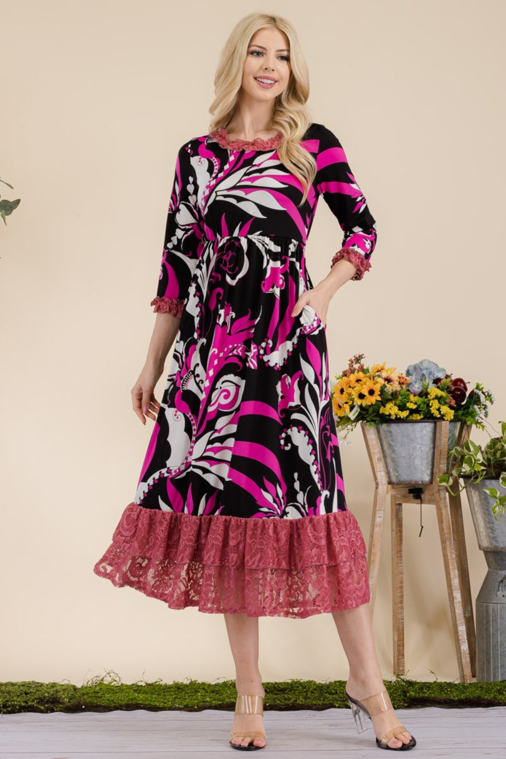 Celeste Full Size Paisley Print Lace Ruffled Midi Dress-TOPS / DRESSES-[Adult]-[Female]-Fuchsia-S-2022 Online Blue Zone Planet