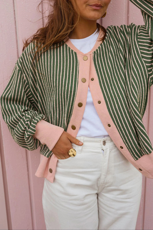 Green Stripe Striped V Neck Patchwork Long Sleeve Regular Fit Cardigan-Sweaters & Cardigans/Cardigans-[Adult]-[Female]-Green Stripe-S-2022 Online Blue Zone Planet