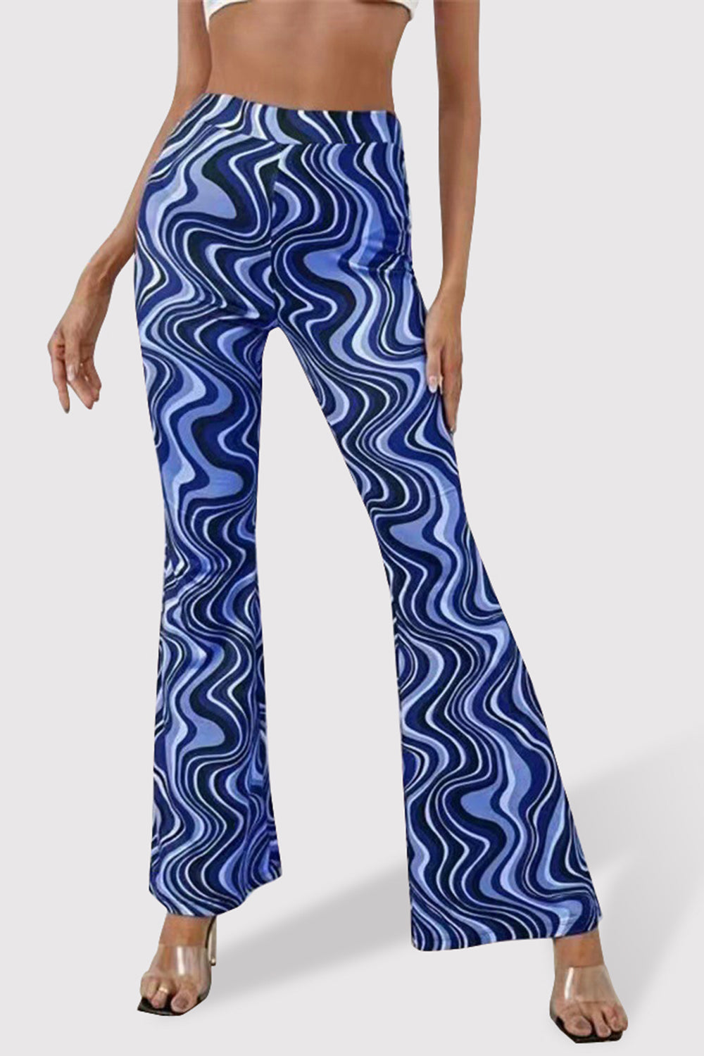 Printed High Waist Flare Pants-[Adult]-[Female]-Dark Blue-S-2022 Online Blue Zone Planet