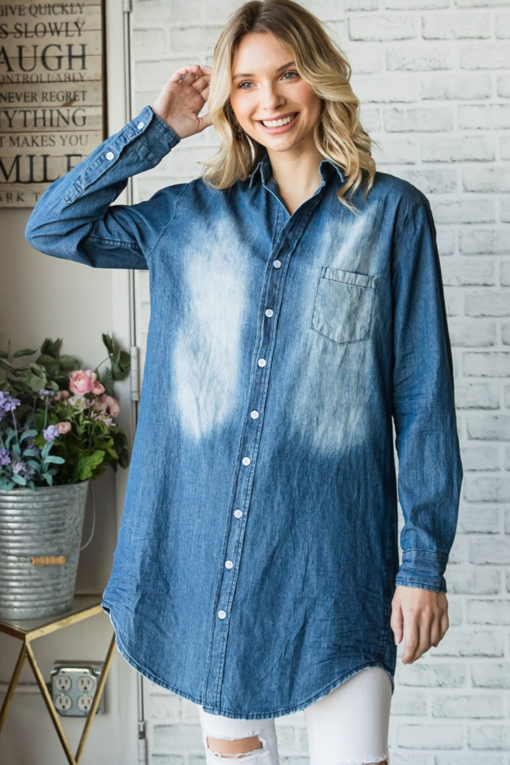 Blue Zone Planet | Veveret Pocketed Button Up Washed Denim Shirt-TOPS / DRESSES-[Adult]-[Female]-2022 Online Blue Zone Planet