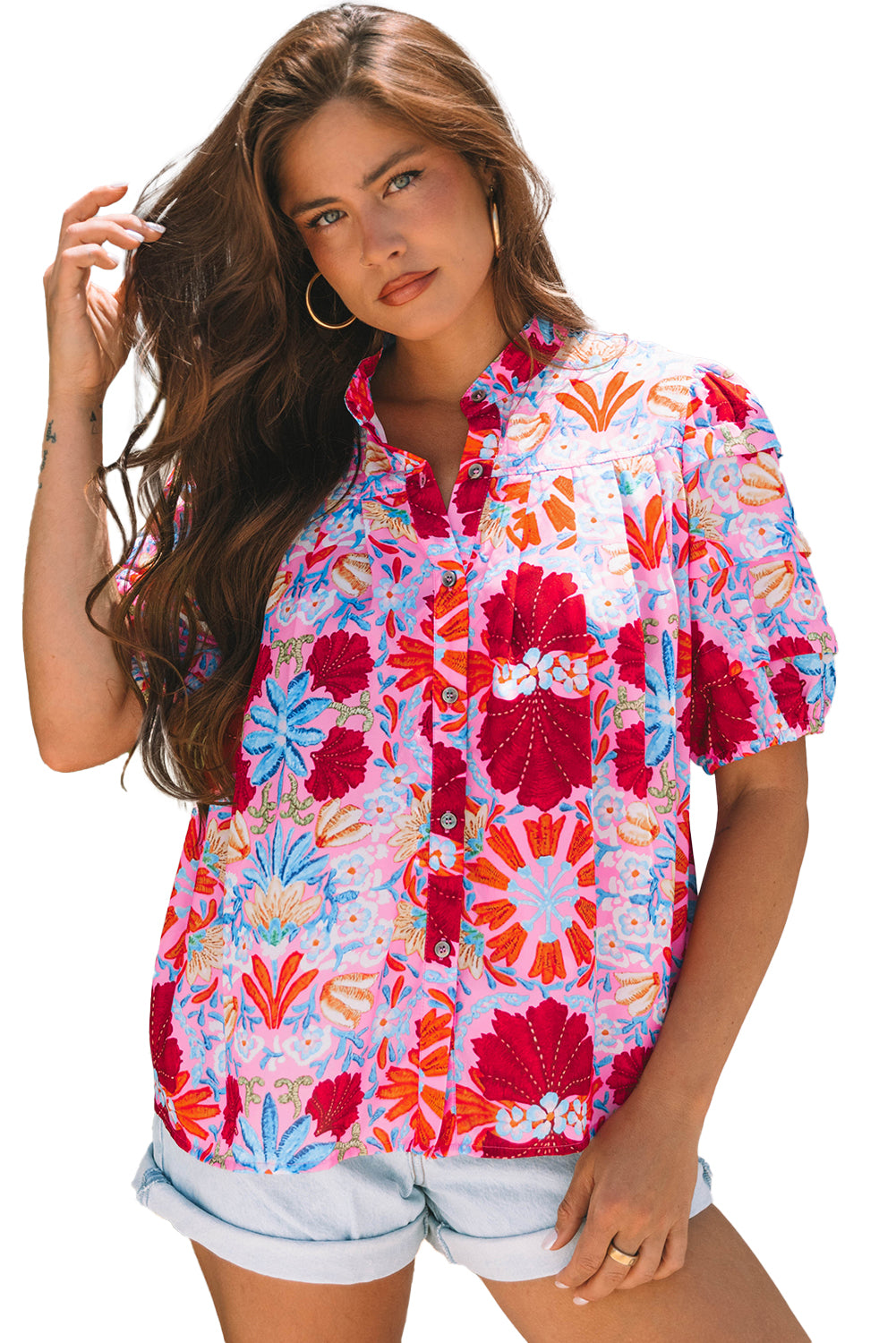 Pink Floral Print Bubble Sleeve Button Up Pleated Shirt-Tops/Blouses & Shirts-[Adult]-[Female]-2022 Online Blue Zone Planet