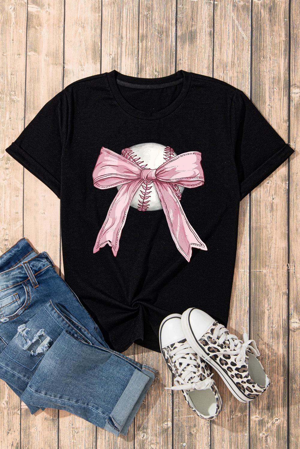 Black Baseball Bow Knot Print Round Neck T Shirt-Graphic/Graphic Tees-[Adult]-[Female]-2022 Online Blue Zone Planet