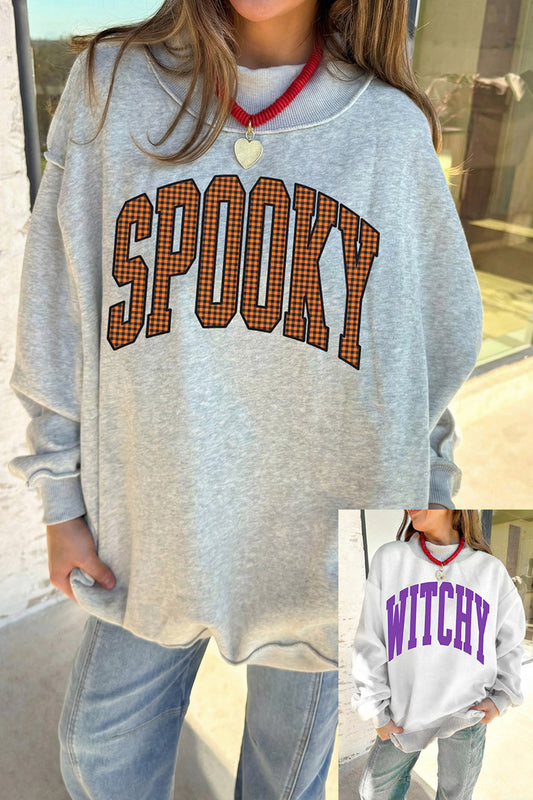 Light Grey Halloween Slogan Print Mock Neck Reversible Sweatshirt-Graphic/Graphic Sweatshirts-[Adult]-[Female]-Light Grey-S-2022 Online Blue Zone Planet