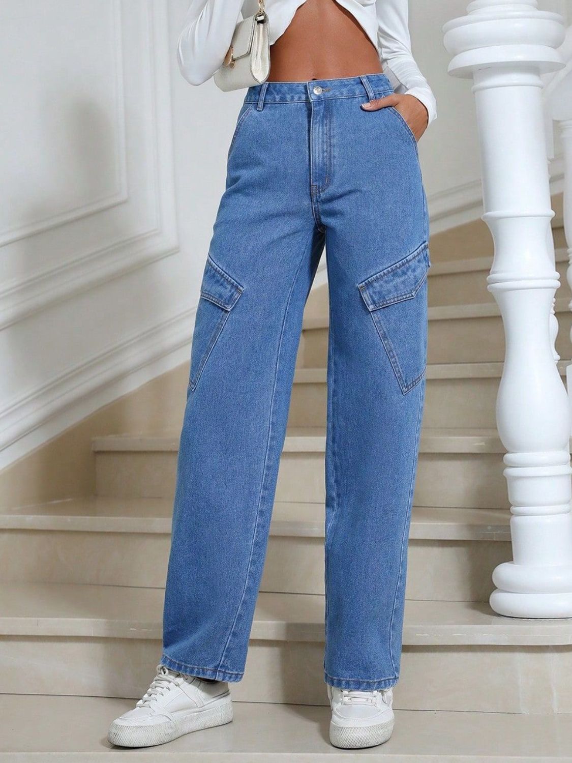 High Waist Straight Leg Jeans with Pockets-[Adult]-[Female]-Medium-XS-2022 Online Blue Zone Planet