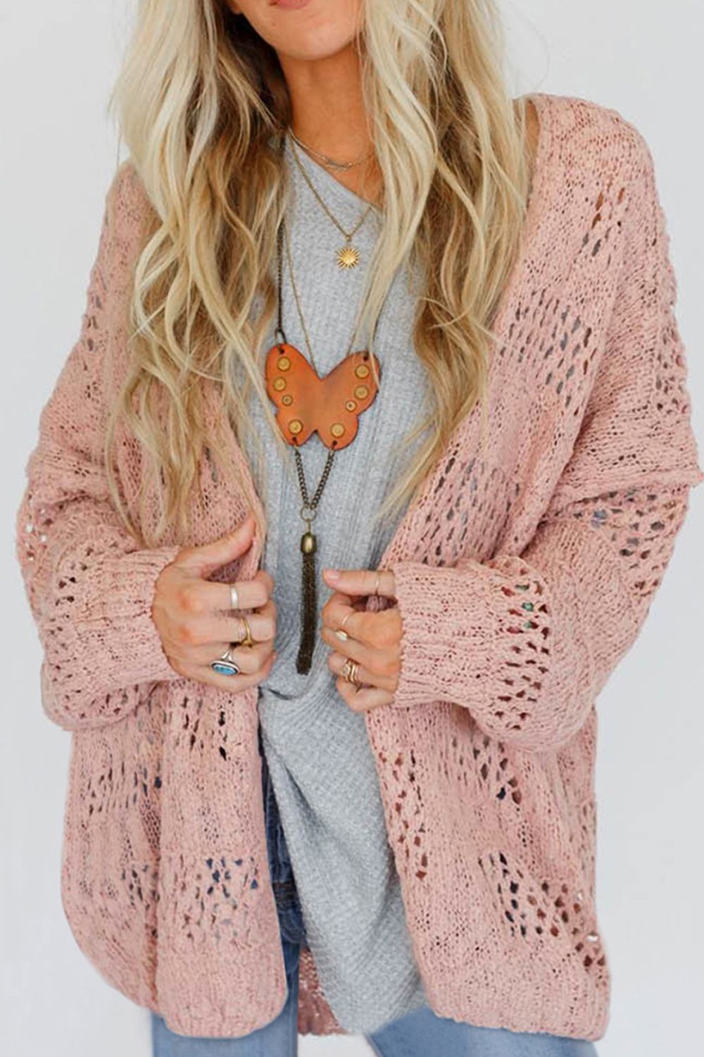 Openwork Open Front Long Sleeve Cardigan-TOPS / DRESSES-[Adult]-[Female]-Dusty Pink-S-2022 Online Blue Zone Planet