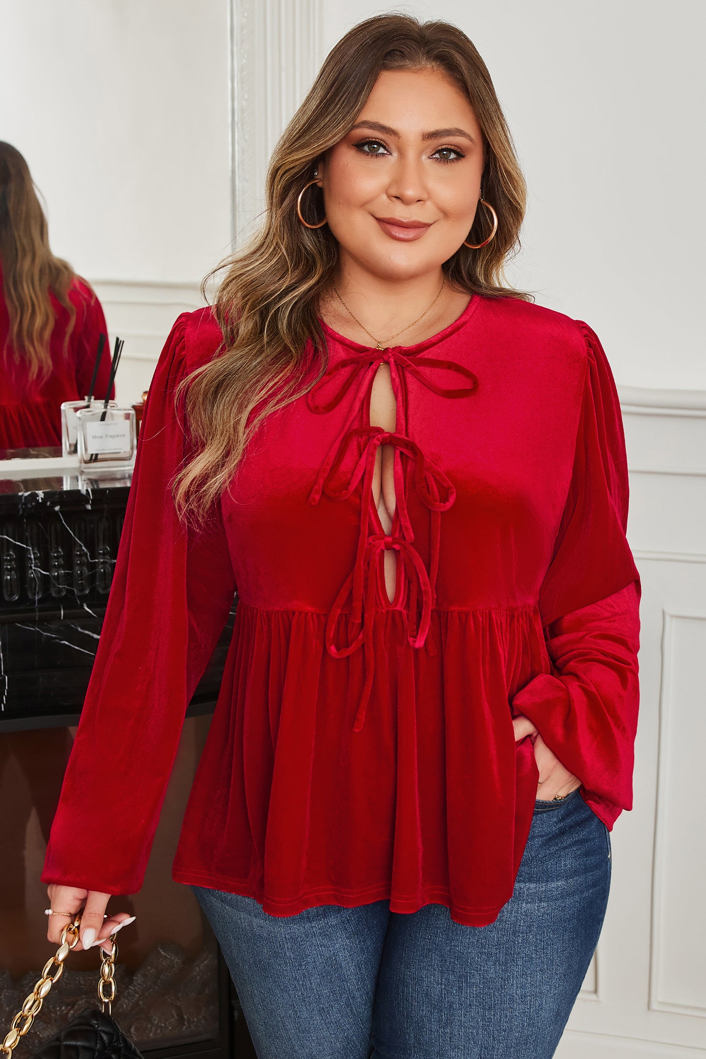 Red Clay Plus Size Tie Front Velvet Peplum Blouse-Plus Size/Plus Size Tops/Plus Size Blouses & Shirts-[Adult]-[Female]-2022 Online Blue Zone Planet