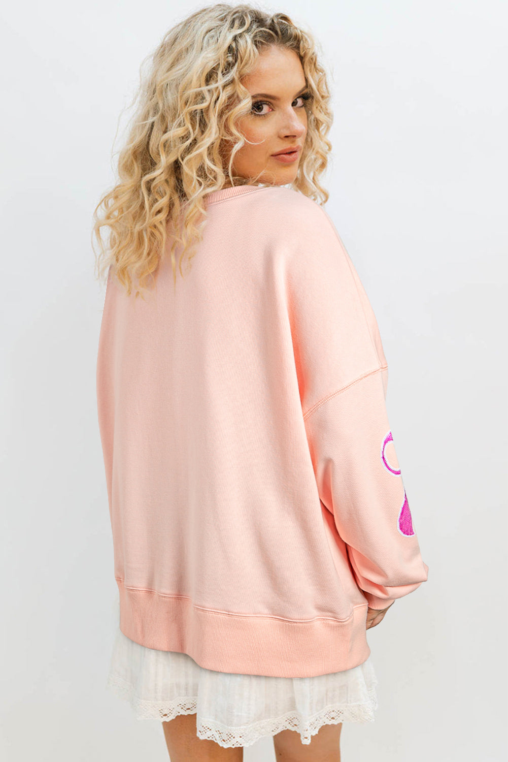 Apricot Pink Sequined Bowknot Drop Shoulder Oversized Sweatshirt-Tops/Sweatshirts & Hoodies-[Adult]-[Female]-2022 Online Blue Zone Planet