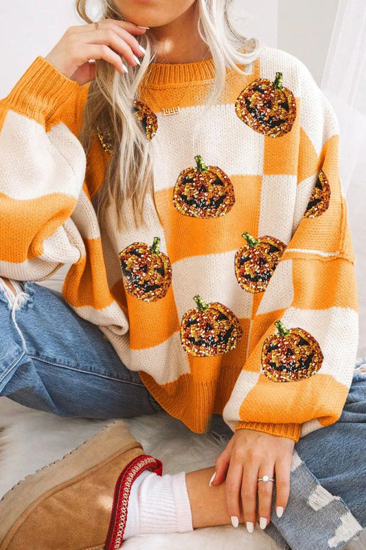 Pumpkin Checkered Round Neck Long Sleeve Sweater-TOPS / DRESSES-[Adult]-[Female]-Tangerine-S-2022 Online Blue Zone Planet