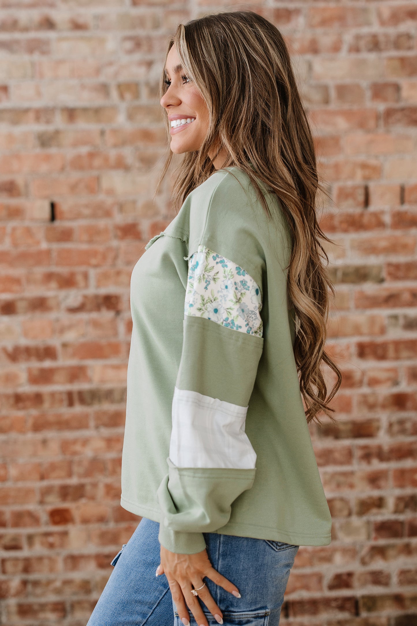 Laurel Green Floral Plaid Mixed Sleeve Raw Edge Relaxed French Terry Top-Tops/Long Sleeve Tops-[Adult]-[Female]-2022 Online Blue Zone Planet