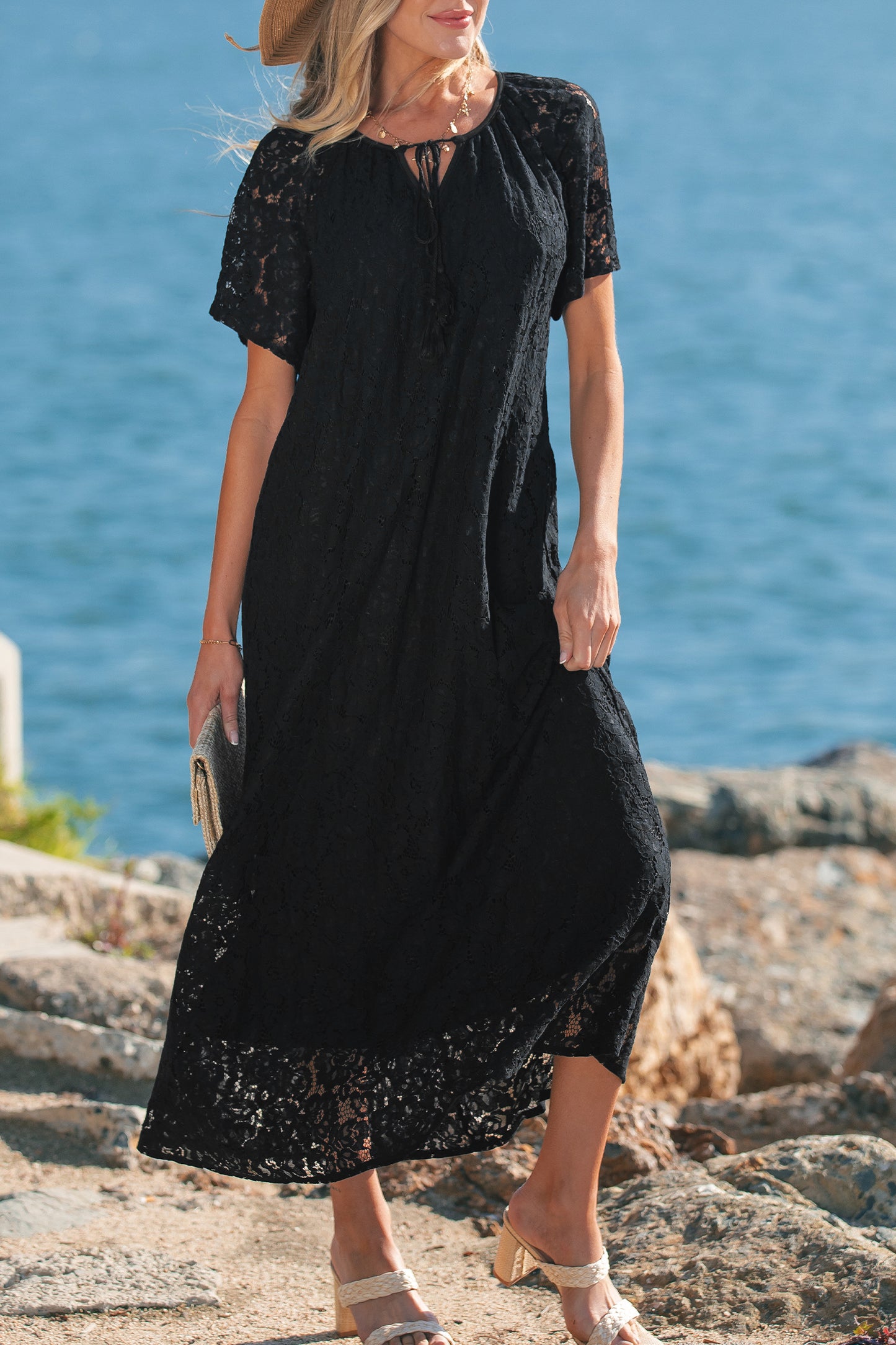 Black Floral Lace Overlay Tassel Tie Short Sleeve Beach Vacation Loose Maxi Dress-TOPS / DRESSES-[Adult]-[Female]-2022 Online Blue Zone Planet