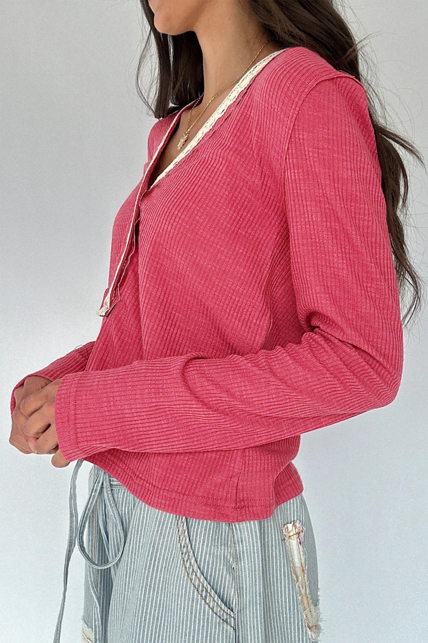 Racing Red Ribbed Texture Contrasted Lace Trim Button V Neck Long Sleeve Top-Tops/Long Sleeve Tops-[Adult]-[Female]-2022 Online Blue Zone Planet