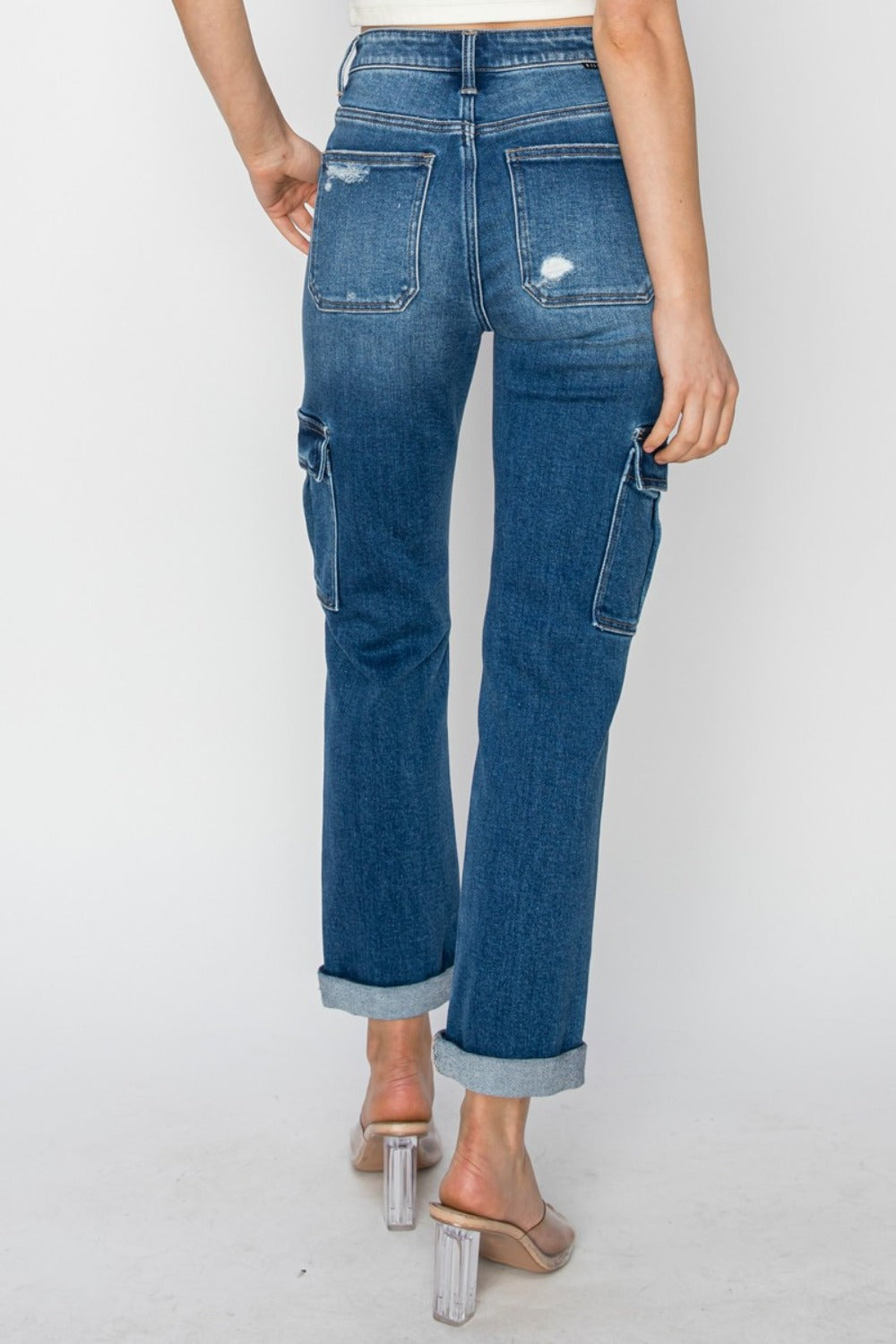 RISEN Full Size High Rise Cargo Ankle Roll Up Straight Jeans-BOTTOMS SIZES SMALL MEDIUM LARGE-[Adult]-[Female]-2022 Online Blue Zone Planet