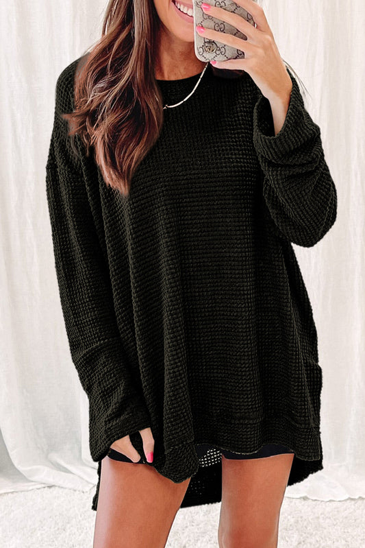 Black Waffle Knit High Slits Oversized Top-Tops/Long Sleeve Tops-[Adult]-[Female]-Black-S-2022 Online Blue Zone Planet