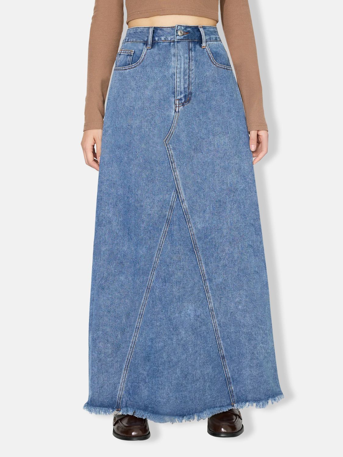 Blue Zone Planet | Raw Hem Maxi Denim Skirt-BOTTOM SIZES SMALL MEDIUM LARGE-[Adult]-[Female]-2022 Online Blue Zone Planet