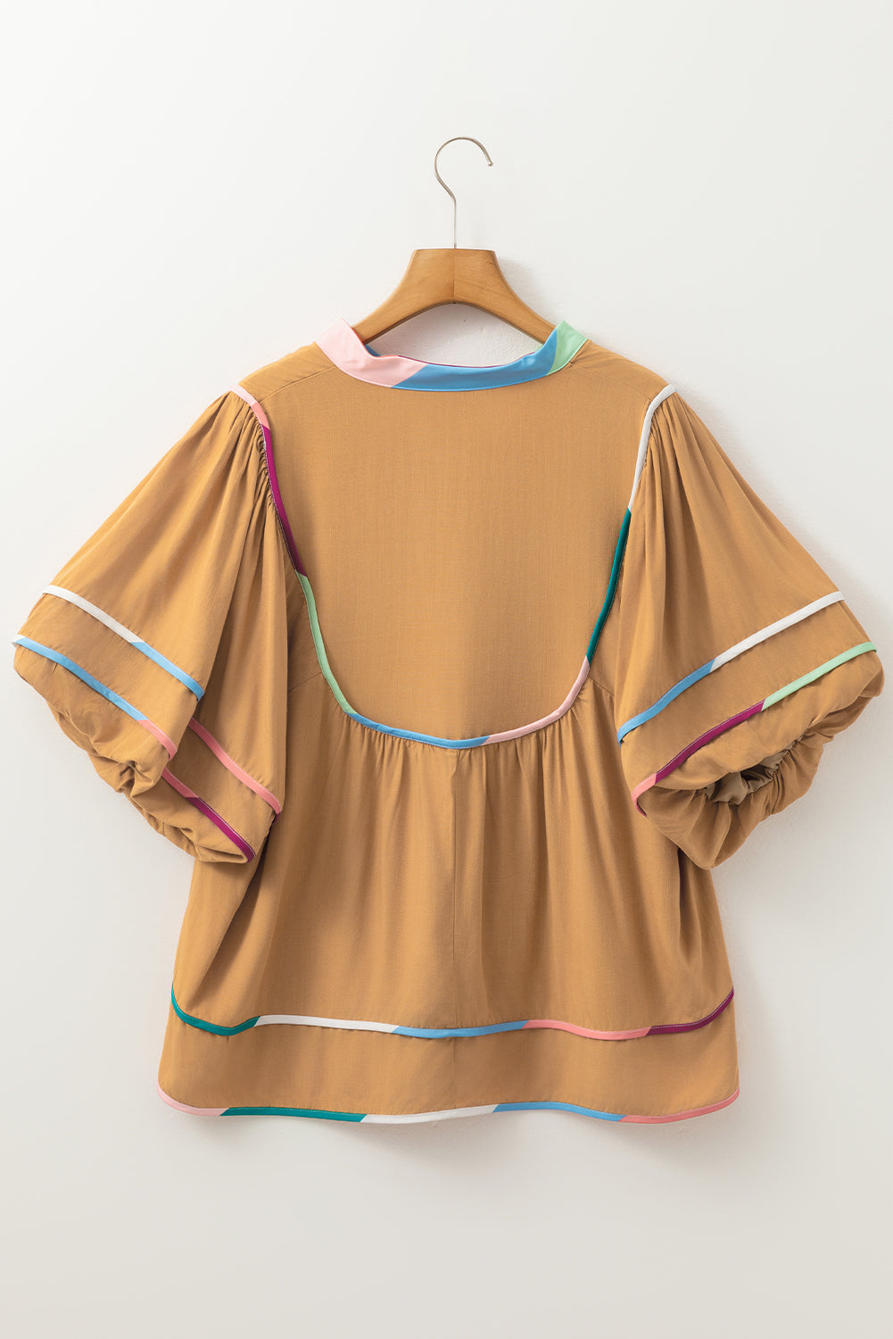 Blue Zone Planet | Thai Curry Colorful Trim Wide Short Sleeve V Neck Blouse-Tops/Blouses & Shirts-[Adult]-[Female]-2022 Online Blue Zone Planet