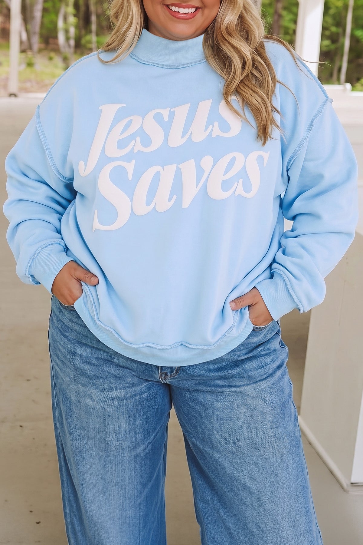 Mist Blue Plus Size Jesus Saves Slogan Print Mock Neck Sweatshirt-Plus Size/Plus Size Sweatshirts & Hoodies-[Adult]-[Female]-Mist Blue-1X-2022 Online Blue Zone Planet