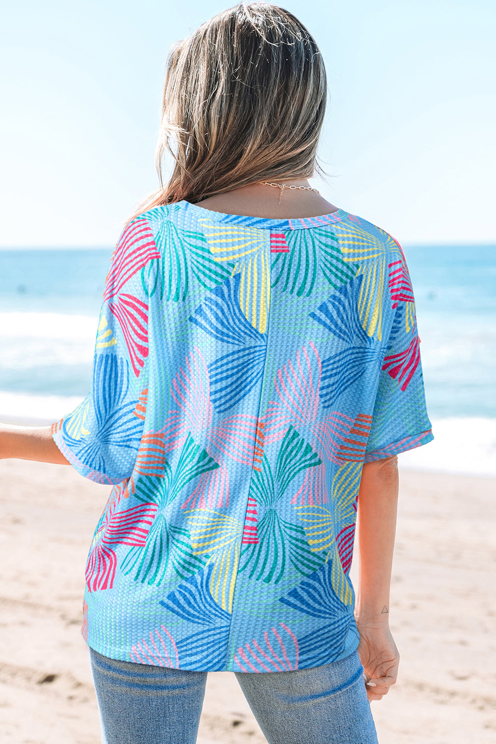 Sky Blue Bowknot Printed Waffle Crewneck Loose Short Sleeve Top-Tops/Tops & Tees-[Adult]-[Female]-2022 Online Blue Zone Planet