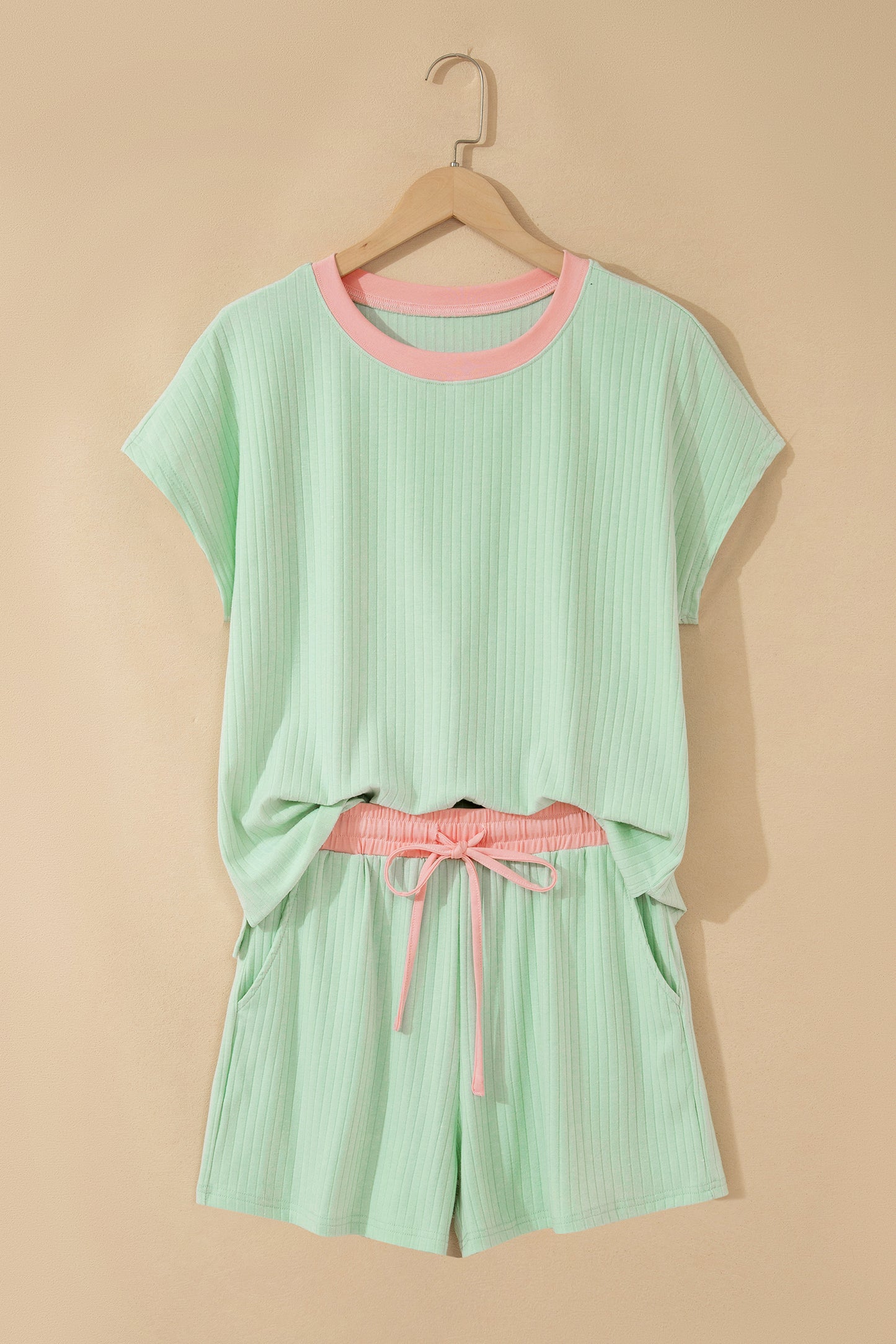 Mist Blue Soft Ribbed Color Block Trim Casual Short Set-Two Piece Sets/Short Sets-[Adult]-[Female]-2022 Online Blue Zone Planet