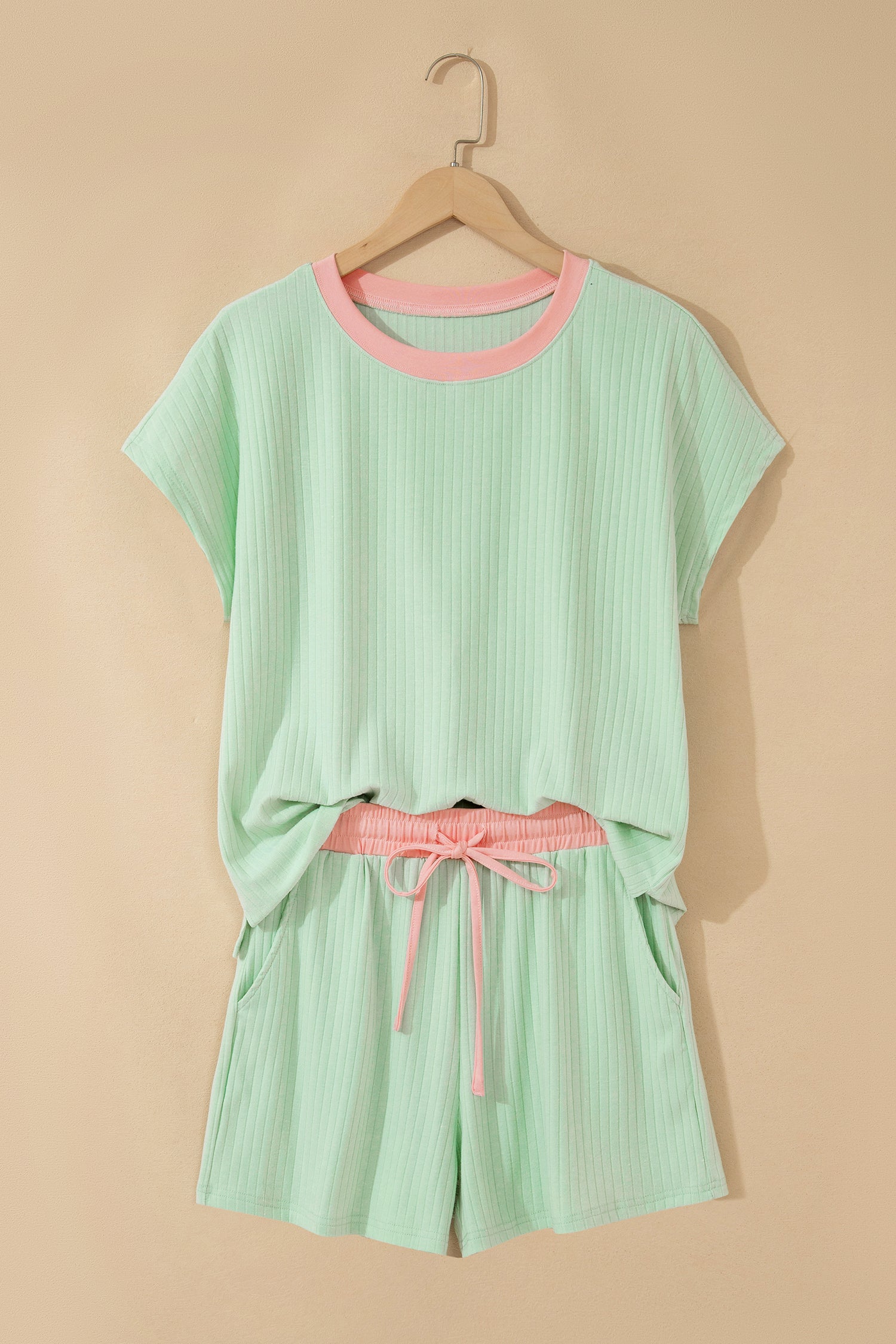 Mist Blue Soft Ribbed Color Block Trim Casual Short Set-Two Piece Sets/Short Sets-[Adult]-[Female]-2022 Online Blue Zone Planet