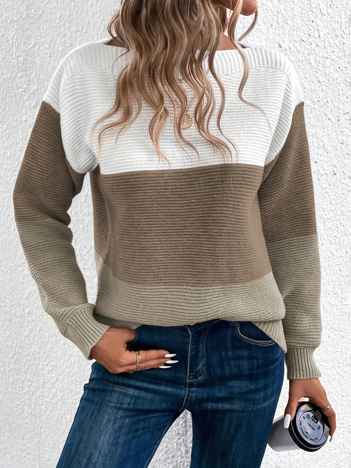 Blue Zone Planet | Color Block Boat Neck Sweater-TOPS / DRESSES-[Adult]-[Female]-Taupe-One Size-2022 Online Blue Zone Planet