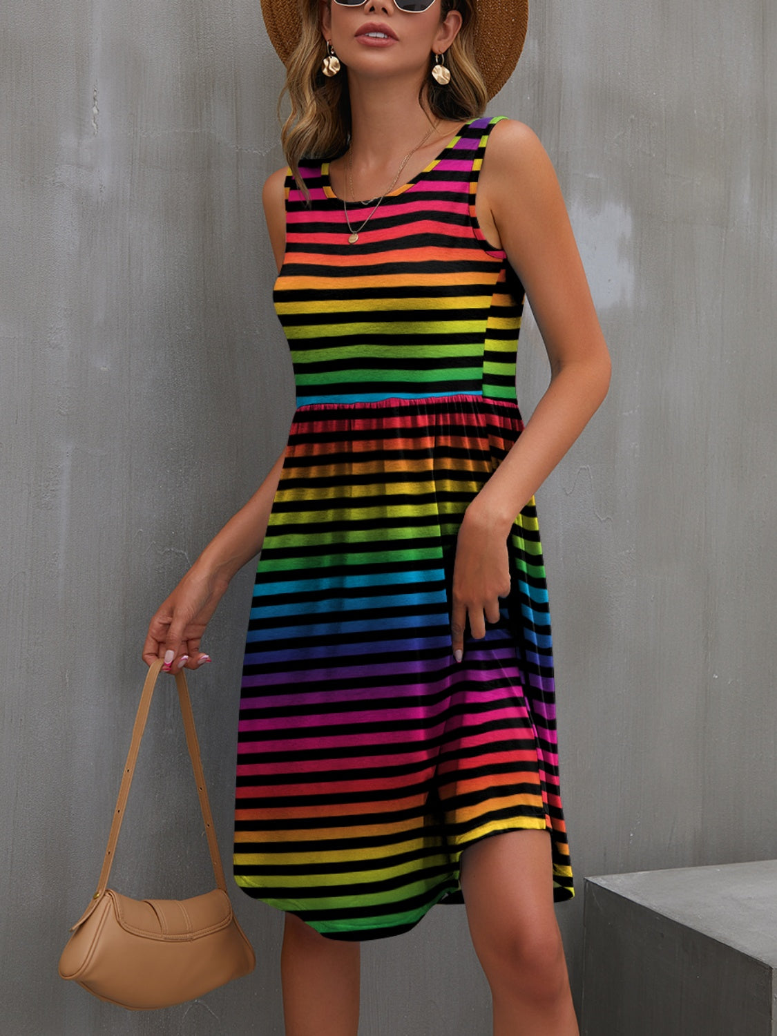 FAM-FAM Round Neck Wide Strap Mini Dress-TOPS / DRESSES-[Adult]-[Female]-Stripe-S-2022 Online Blue Zone Planet