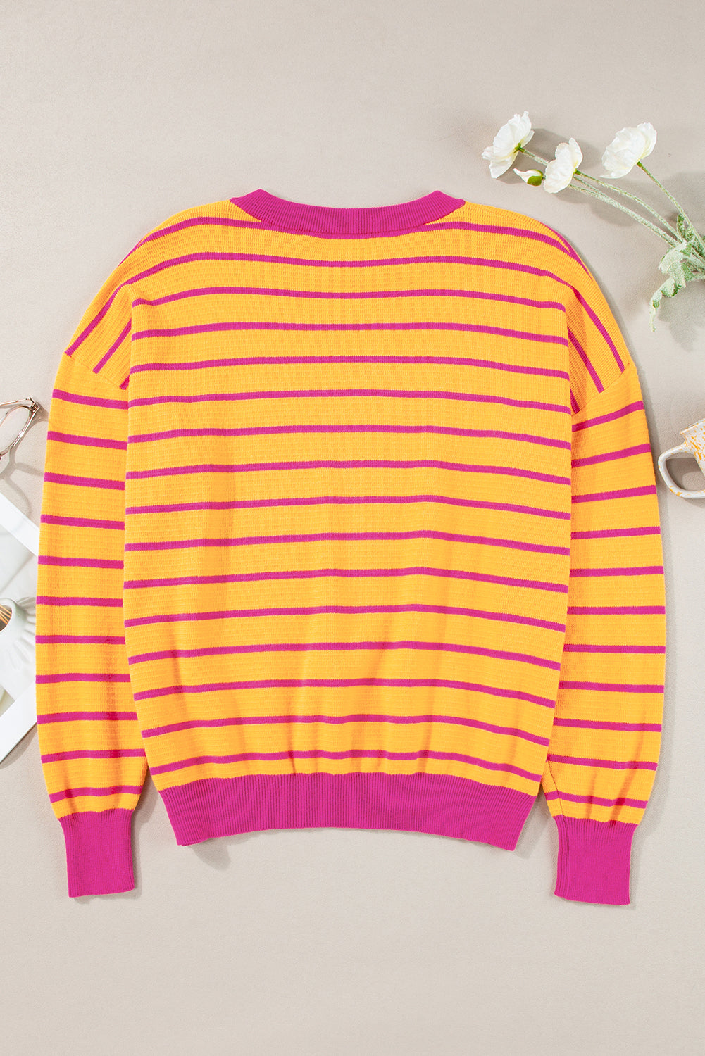 Orange Stripe Trimmed Round Neck Drop Shoulder Loose Sweater-Sweaters & Cardigans/Sweaters-[Adult]-[Female]-2022 Online Blue Zone Planet