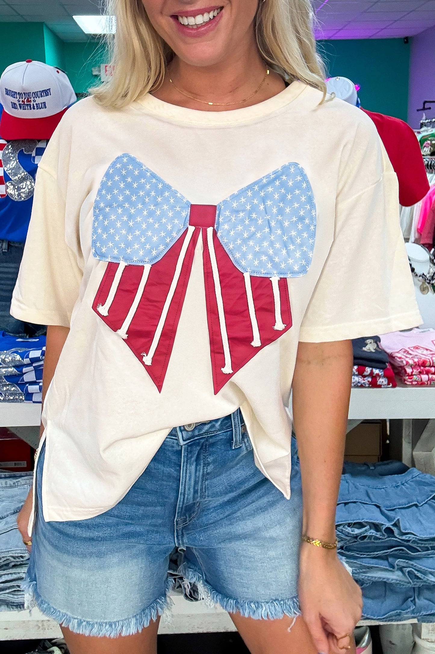 White Loose Knit Vintage Flag Bow Patched T Shirt-Tops/Tops & Tees-[Adult]-[Female]-White-S-2022 Online Blue Zone Planet