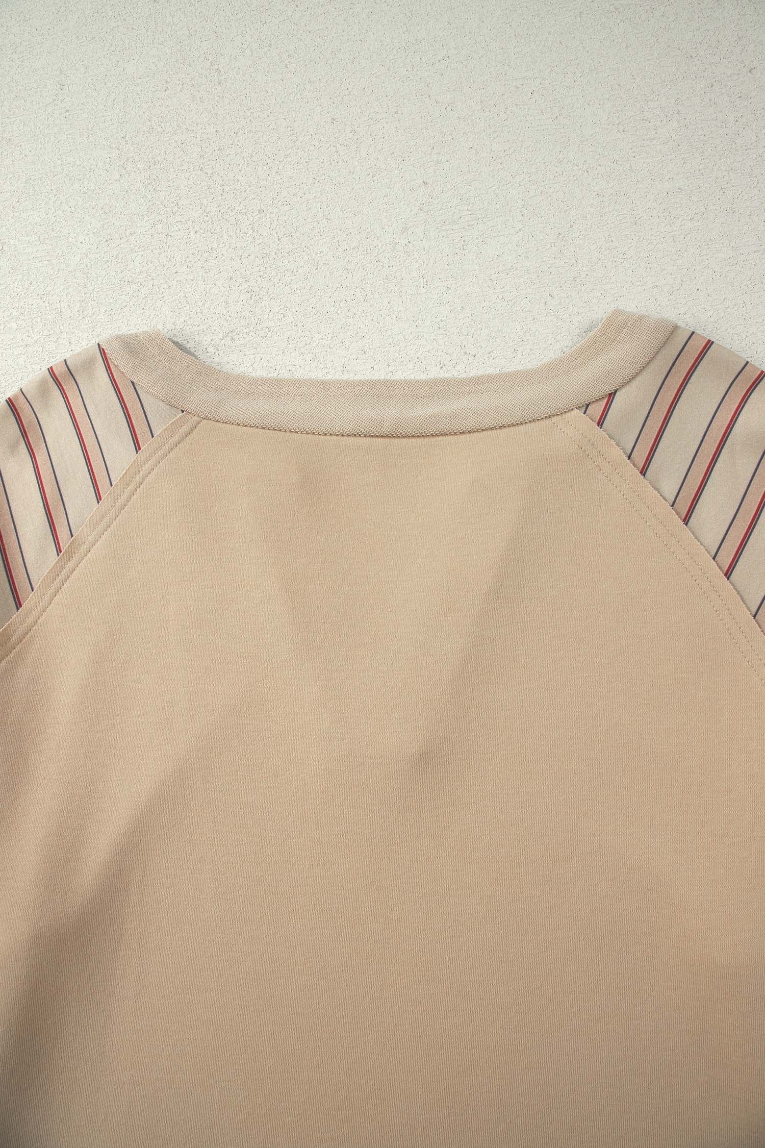 Parchment Striped Raglan Sleeve Notched Neck Raw Edge Plus Size Jumper-Plus Size/Plus Size Tops/Plus Size Long Sleeve Tops-[Adult]-[Female]-2022 Online Blue Zone Planet