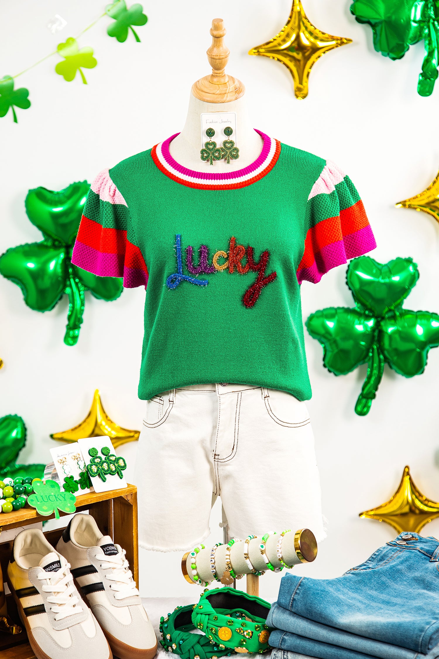 Bright Green Shiny Lucky Striped Flutter Sleeve Round Neck Sweater-TOPS / DRESSES-[Adult]-[Female]-2022 Online Blue Zone Planet