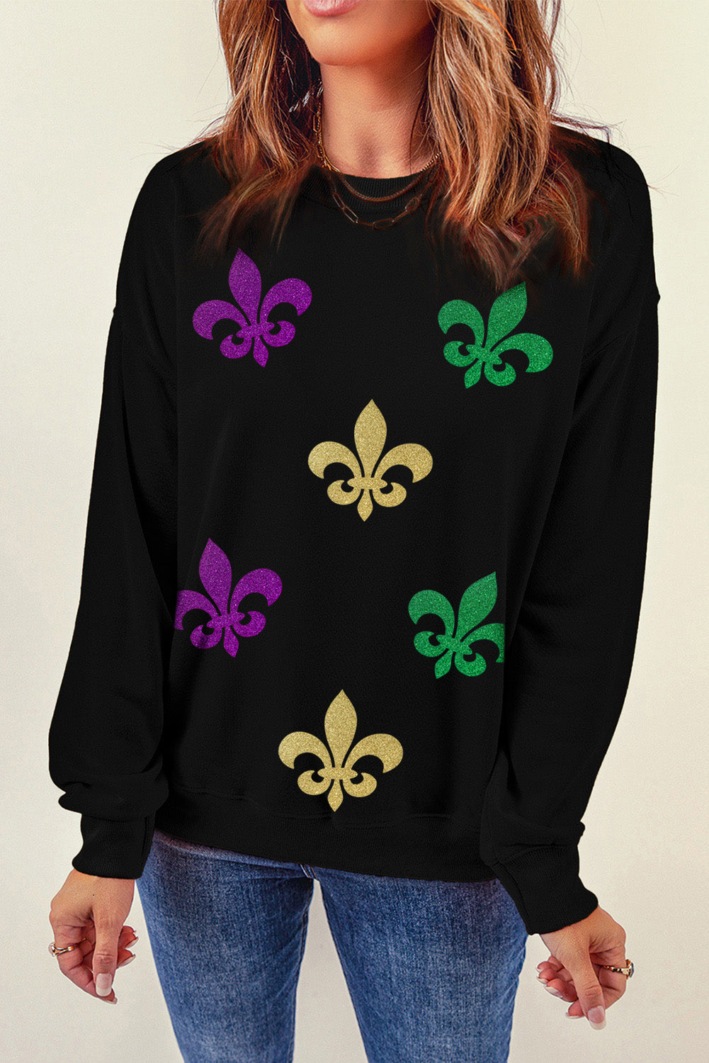 Black Mardi Gras Graphic Round Neck Casual Sweatshirt-Graphic Sweatshirts-[Adult]-[Female]-2022 Online Blue Zone Planet