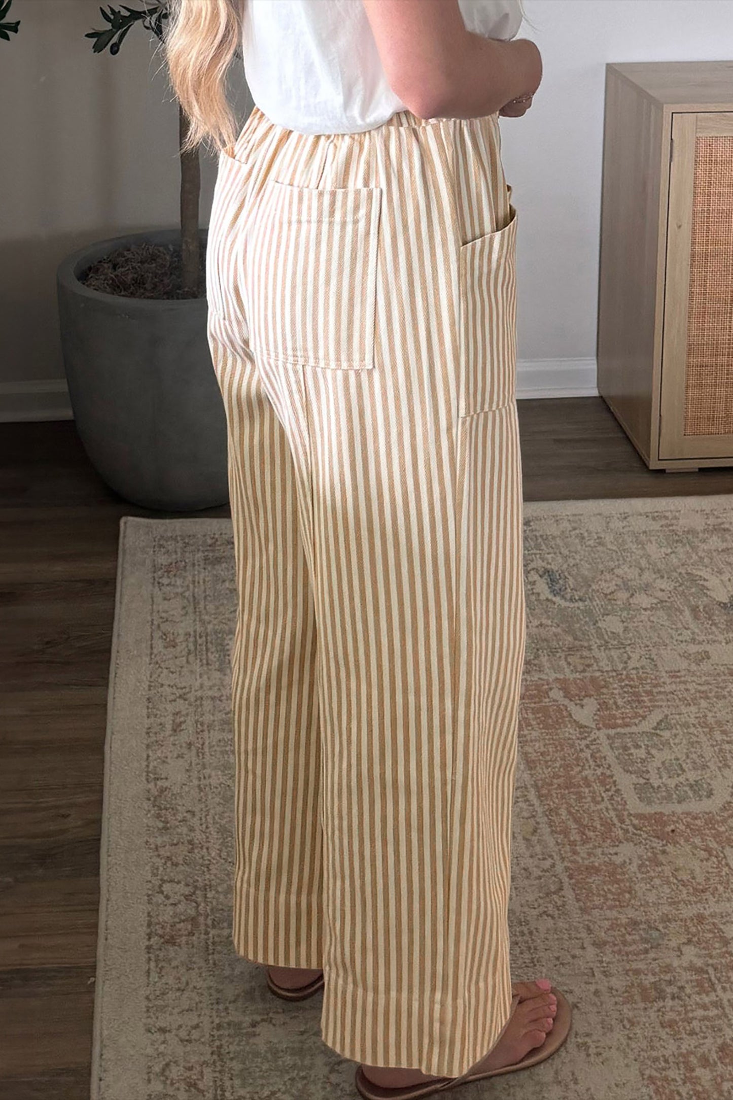 Apricot Stripe Ribbon Drawstring Waist Full-Length Shift Pant-Bottoms/Pants & Culotte-[Adult]-[Female]-2022 Online Blue Zone Planet