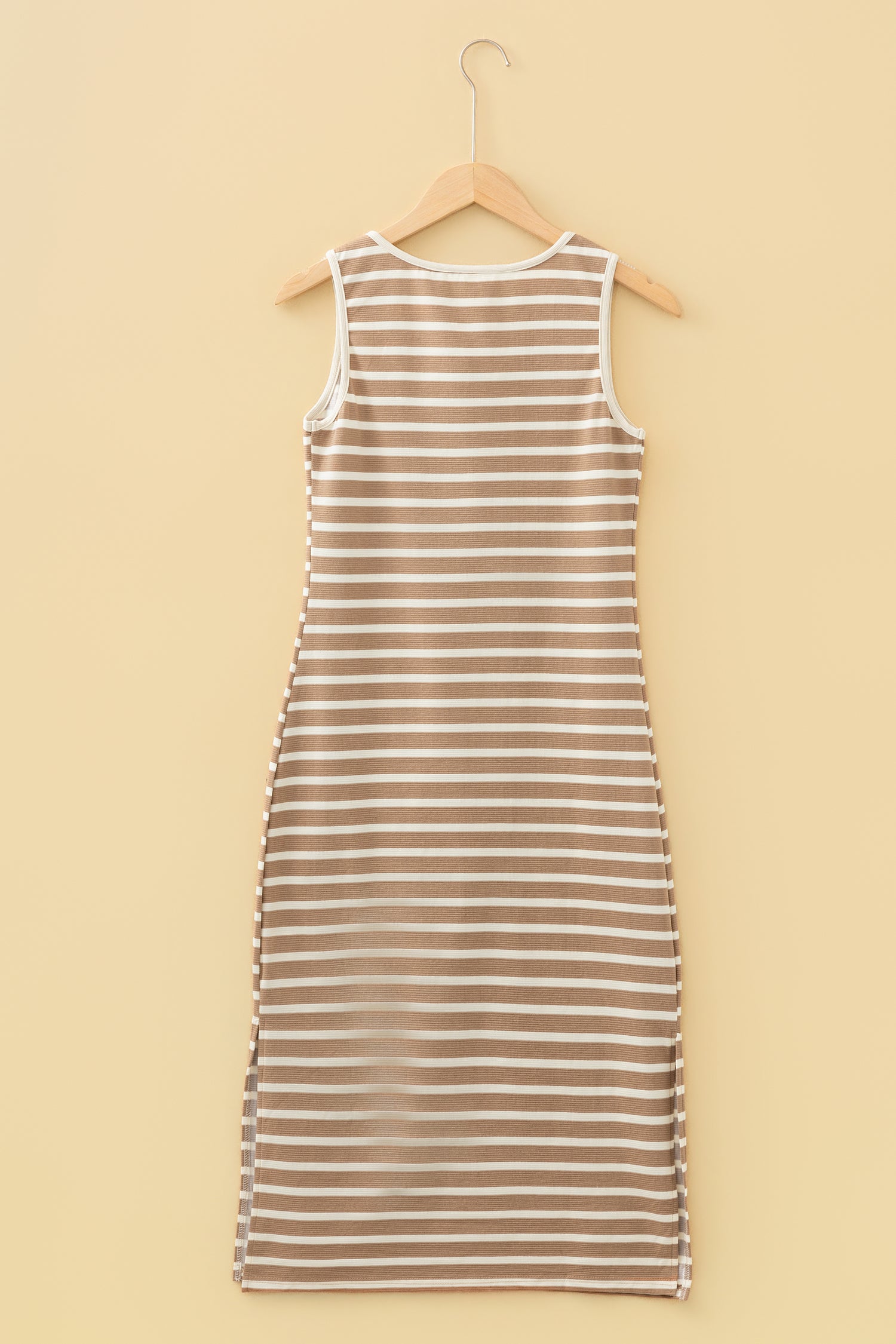 Khaki Stripe Tie V Neck Sleeveless Side Slit Midi Dress-TOPS / DRESSES-[Adult]-[Female]-2022 Online Blue Zone Planet
