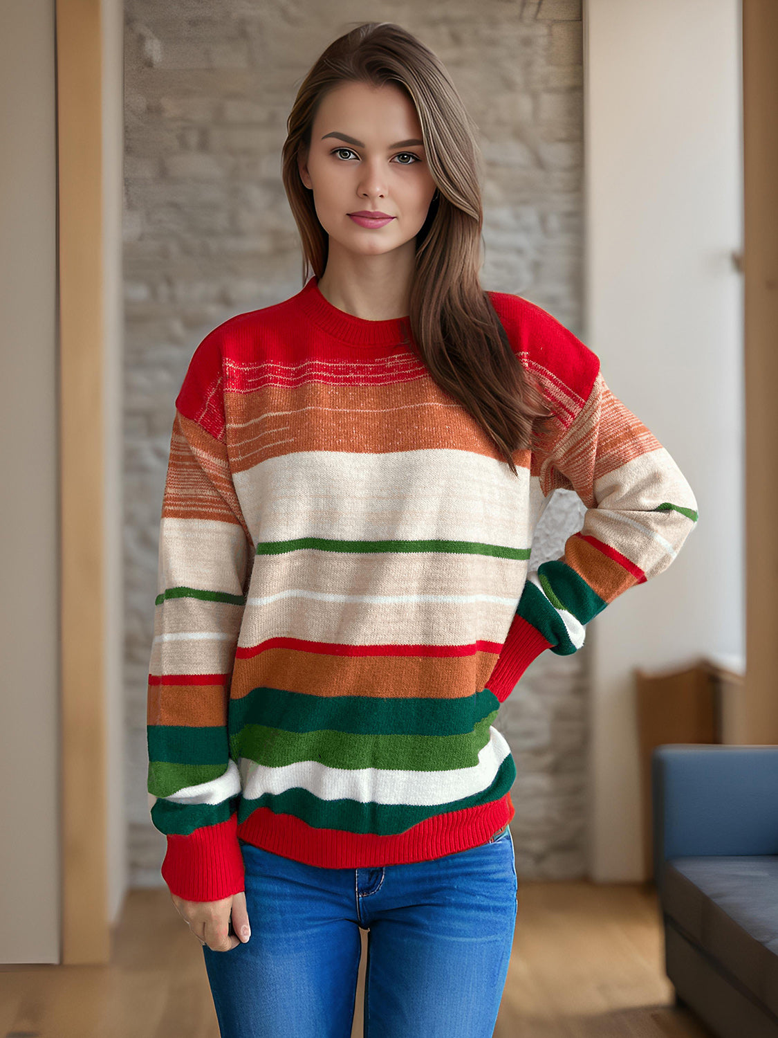 Contrast Striped Round Neck Long Sleeve Sweater-TOPS / DRESSES-[Adult]-[Female]-Multicolor-One Size-2022 Online Blue Zone Planet