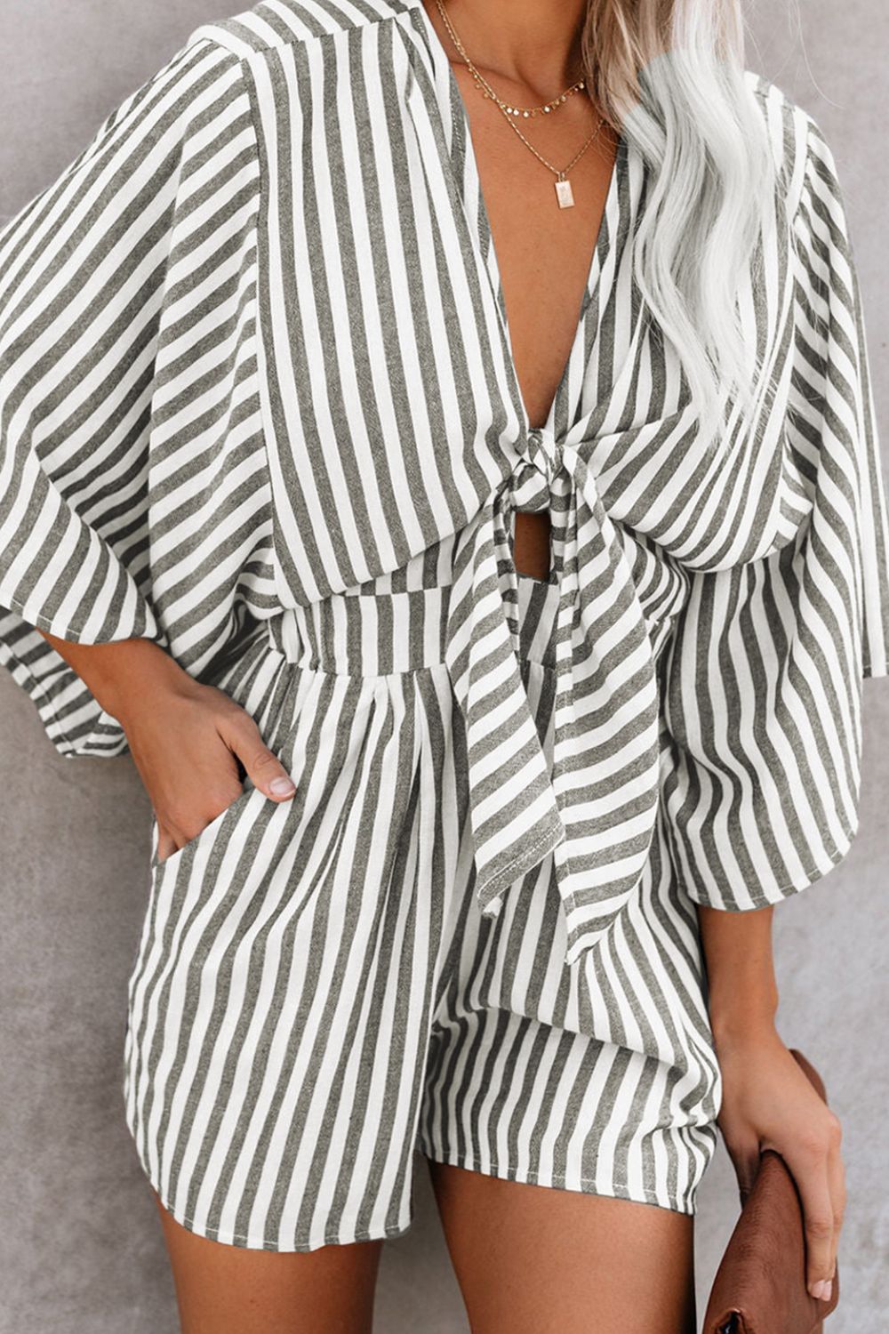 Blue Zone Planet | Bow Striped Kimono Sleeve Romper-TOPS / DRESSES-[Adult]-[Female]-Dark Gray-S-2022 Online Blue Zone Planet