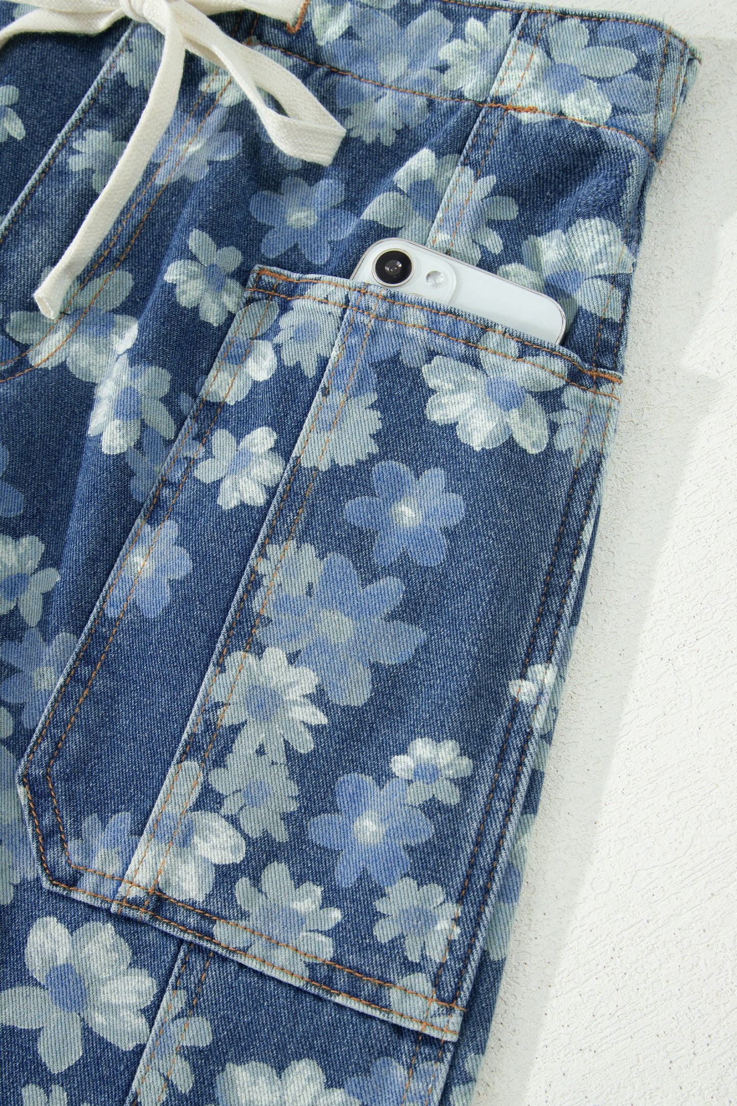 Sky Blue Dainty Floral Printed Drawstring Barrel Jeans-Bottoms/Jeans-[Adult]-[Female]-2022 Online Blue Zone Planet