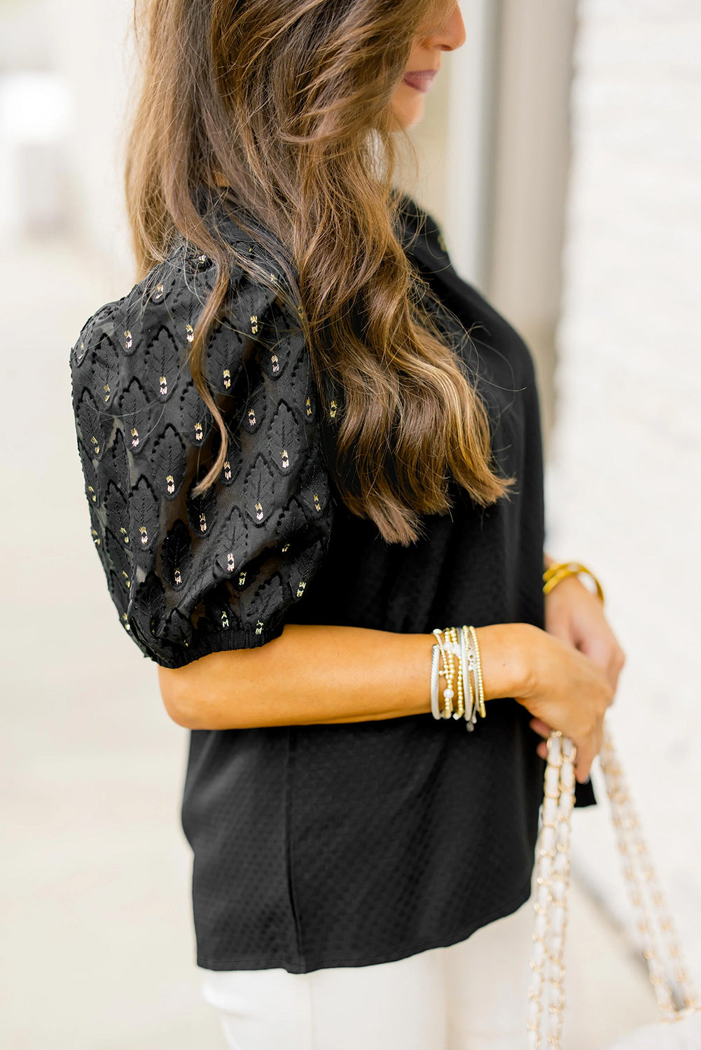 Black Feather Bubble Sleeve Patchwork Textured Blouse-Tops/Blouses & Shirts-[Adult]-[Female]-2022 Online Blue Zone Planet