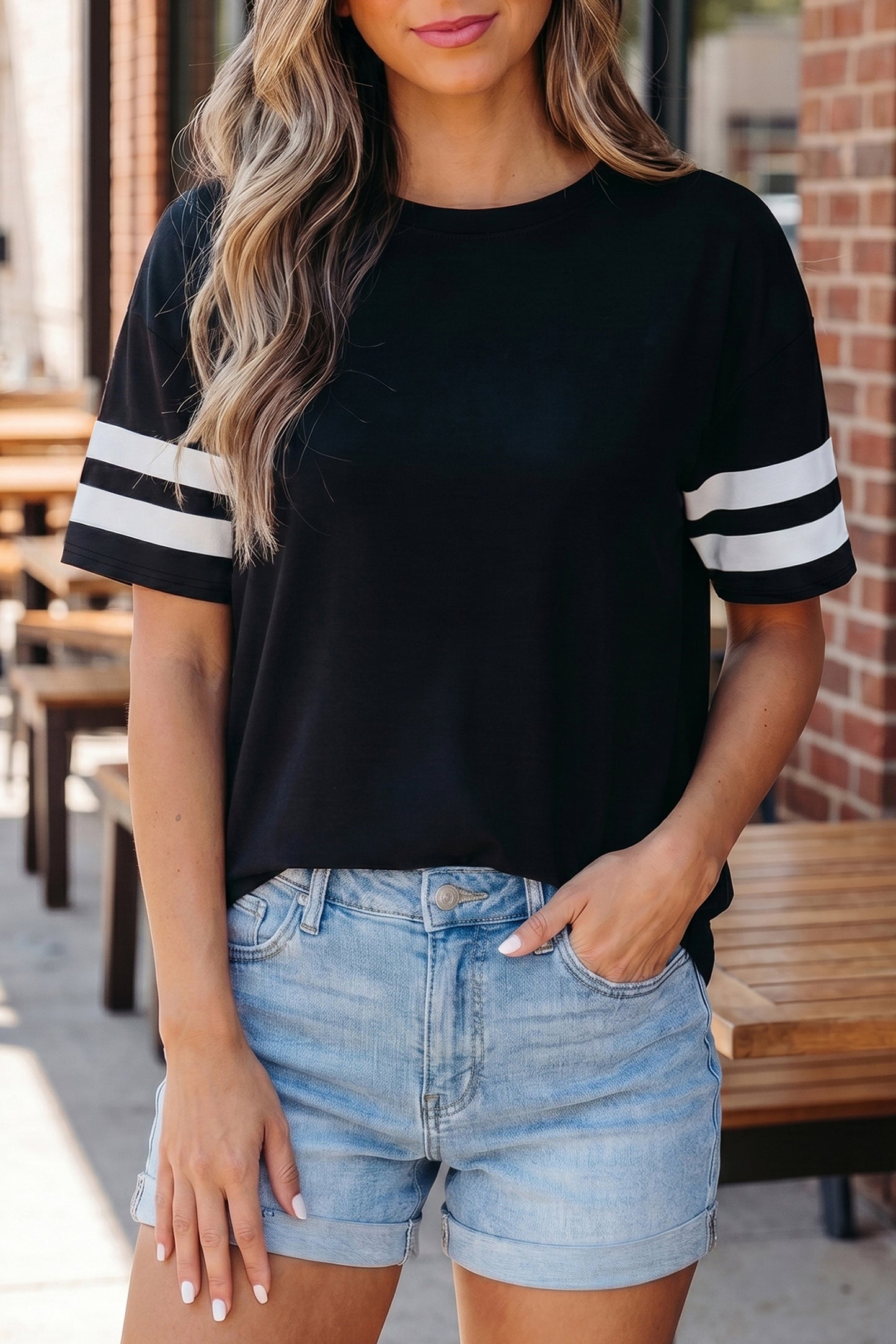 Dark Blue Varsity Striped Short Sleeve Crew Neck T Shirt-Tops/Tops & Tees-[Adult]-[Female]-2022 Online Blue Zone Planet