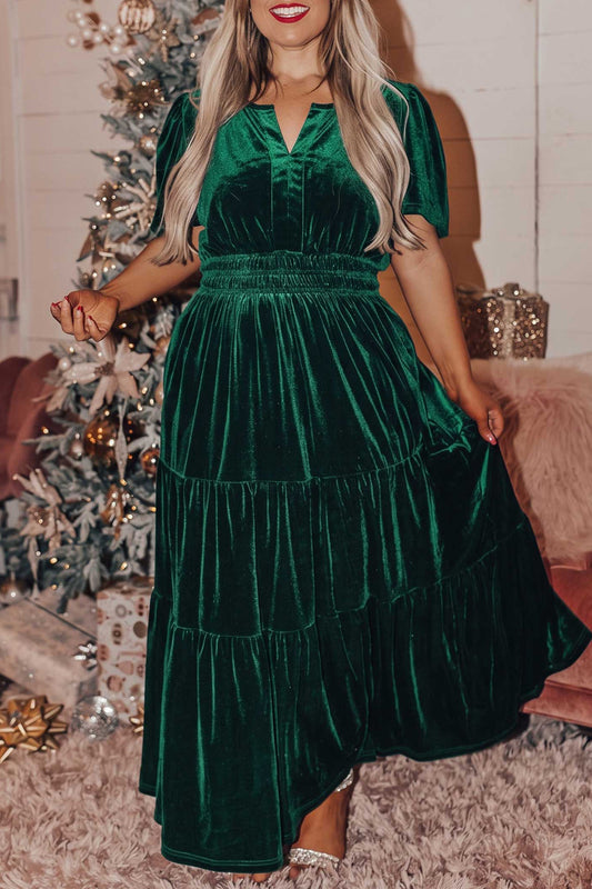 Blackish Green Velvet Short Sleeve Shirred Waist Tiered Plus Size Maxi Dress