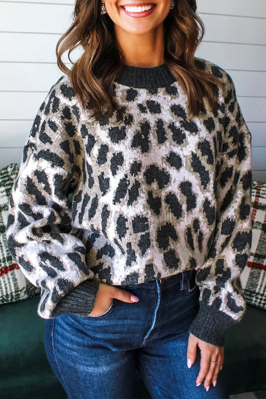 Carbon Grey Leopard Drop Shoulder Baggy Sweater-TOPS / DRESSES-[Adult]-[Female]-Carbon Grey-S-2022 Online Blue Zone Planet