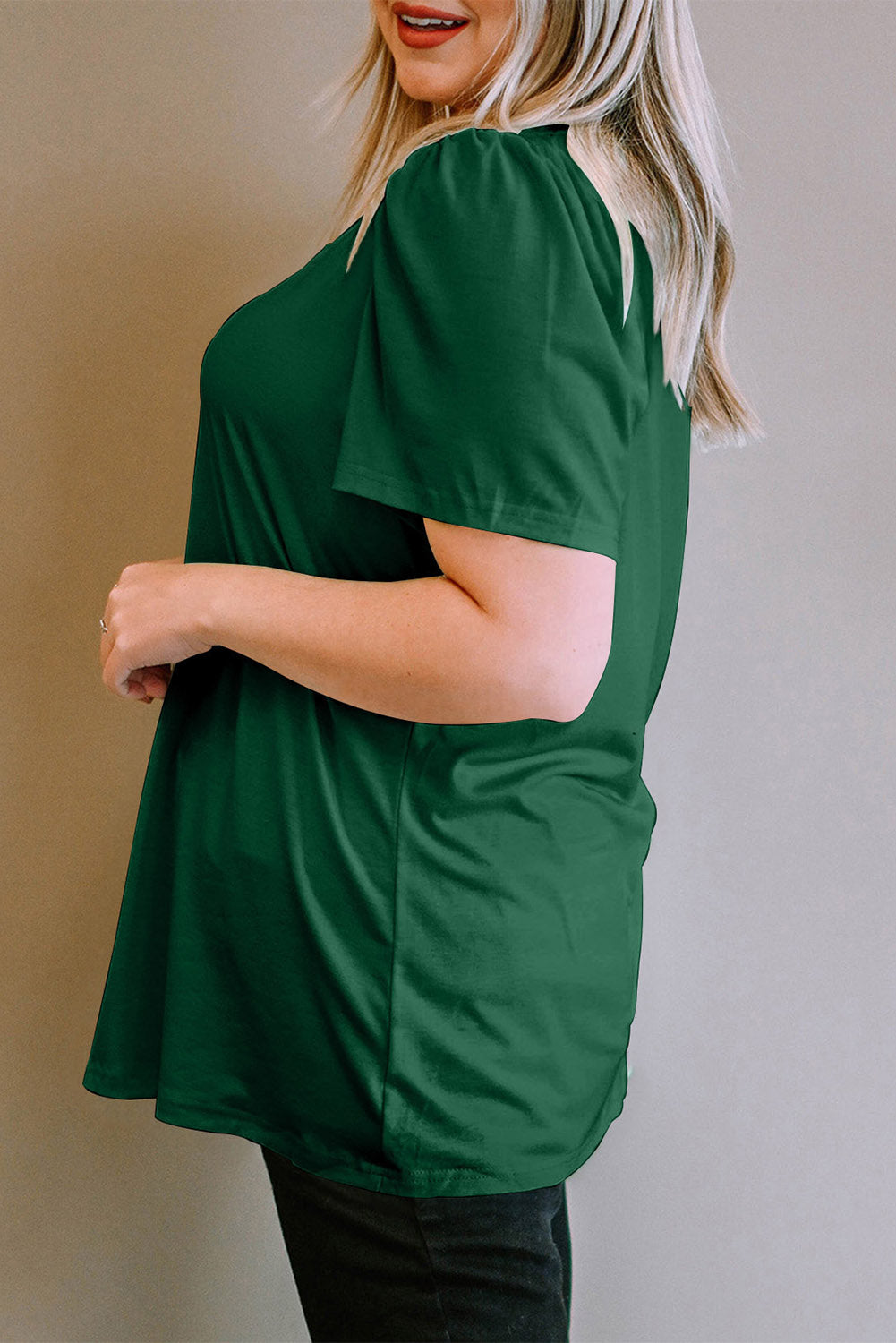 Black Plus Size Square Neck Ruched Shoulder Short Sleeve Top-Sale (50% OFF)/20% OFF-[Adult]-[Female]-2022 Online Blue Zone Planet