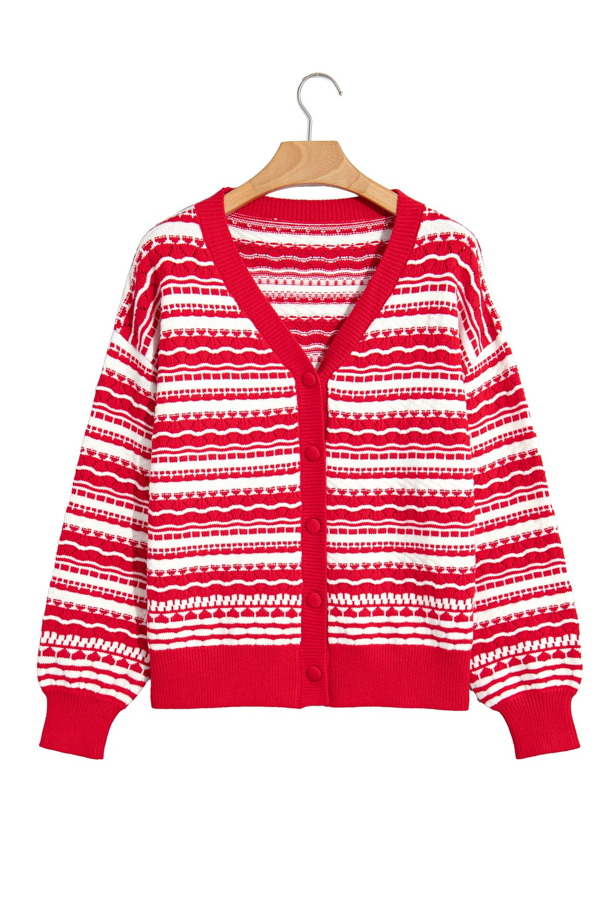 Red Geometric Striped Pattern V Neck Button Front Casual Knit Cardigan-Sweaters & Cardigans/Cardigans-[Adult]-[Female]-2022 Online Blue Zone Planet