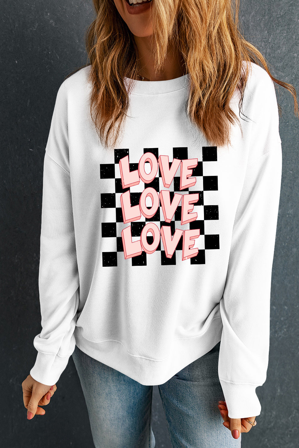 White Checkerboard LOVE Print Graphic Valentines Sweatshirt-Graphic Sweatshirts-[Adult]-[Female]-2022 Online Blue Zone Planet