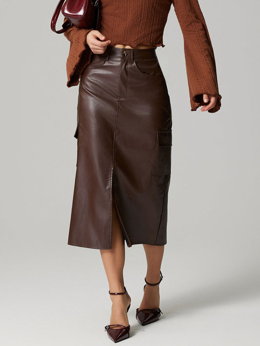 Slit Midi Skirt with Pockets-BOTTOM SIZES SMALL MEDIUM LARGE-[Adult]-[Female]-Dark Brown-S-2022 Online Blue Zone Planet